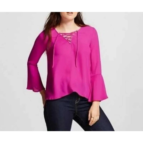 Nordstrom Eclair Fuchsia Blouse Sz Small Bell Sleeves Laced V-Neck Top Chiffon - Picture 1 of 8